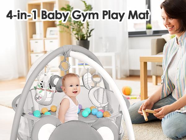 Dearlomum 4-in-1 Baby Play Mat Elephant Gym Tummy Time Mat for Floor Activity with 30 Balls & 5 Sensory Toys for Newborn Toddler Boy & Girl Gifts Playpen Cute