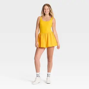 JoyLab Women's Game Day Bubble Skort Active Dress - Square Neck Sleeveless Mini Dress with Built-in Bra & Shorts