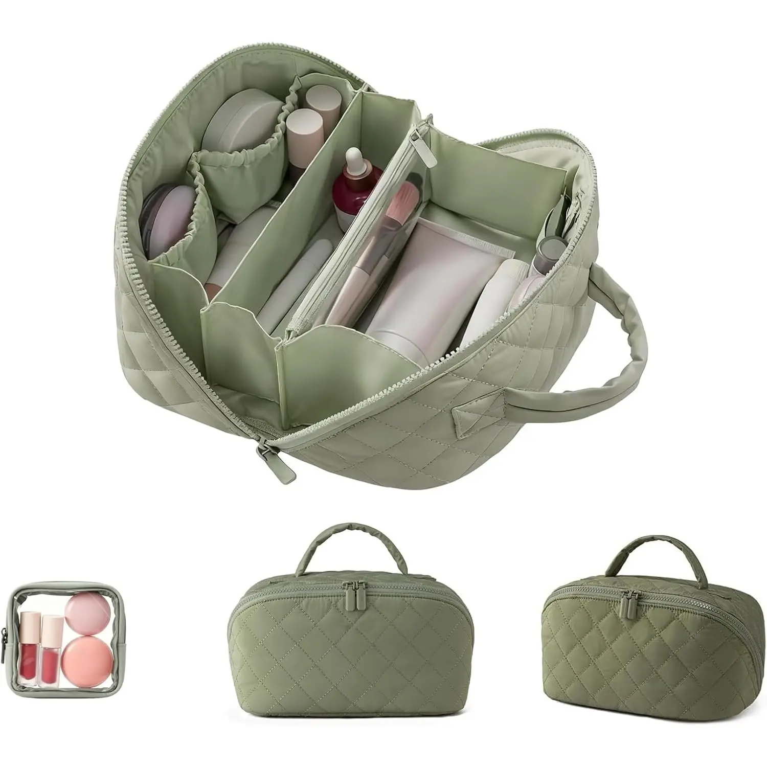 Women's Cosmetic Travel Bag - 180° Lay-Flat Travel-Friendly Large Puffy Organizer with 5 Compartments, Extra Space, Dustproof, Machine Washable Home Organizer Storage Bag, Ideal Gift for Her