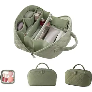 Travel Makeup Bag for Women - 180° Lay-Flat Large Puffy Cosmetic Organizer with 5 Compartments, Machine Washable Puff Bag, Ideal Gift for Her