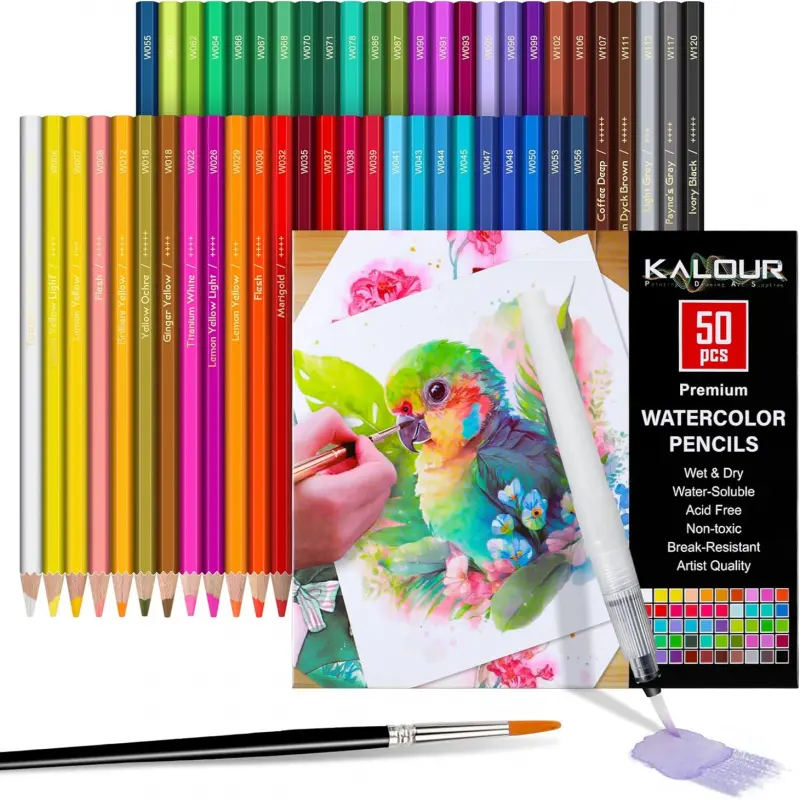50-Color Professional High Pigment Watercolor Pencils Set with Brush and Water Brush Pen, Hexagonal Shape, Blendable Wet or Dry, Water-Soluble Artistic Colored Pencils for Art Drawing, Artists and Beginners, Art Supplies