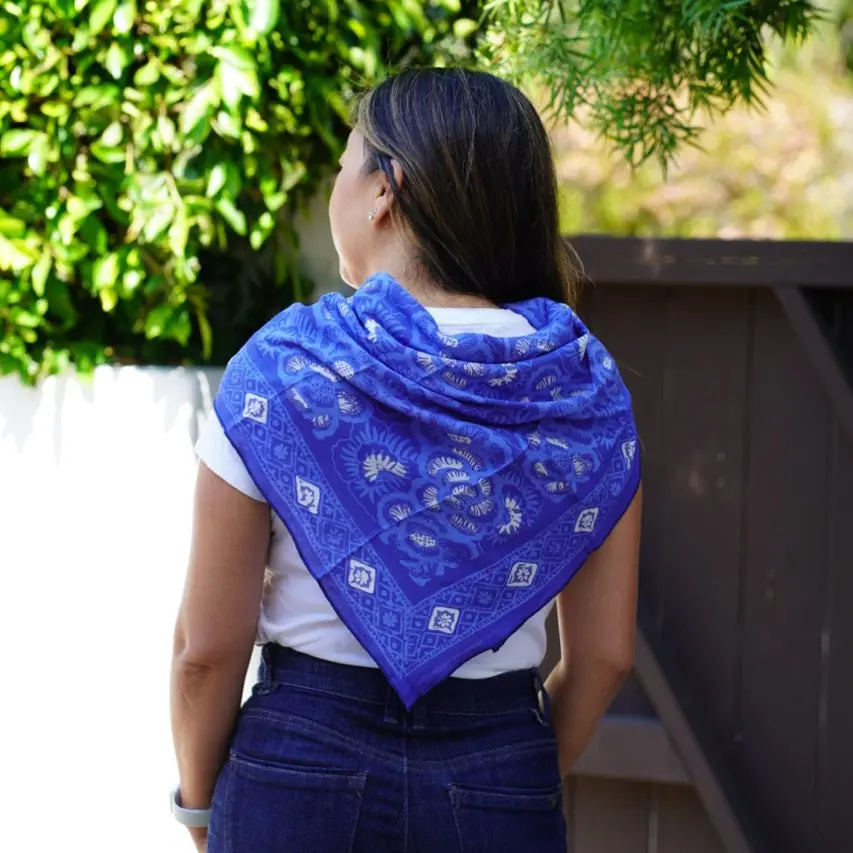 Large 39" Batik Bandana, Hand Dyed, 100% Soft Cotton, Oversized Large Head Scarf for Hair, Blue Roses