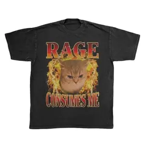 Unisex Vintage "Rage Consumes Me" Angry Cat Meme T-Shirt Mineral Wash Fire & Lightning Design Oversized Funny Streetwear Tee For Cat Lovers