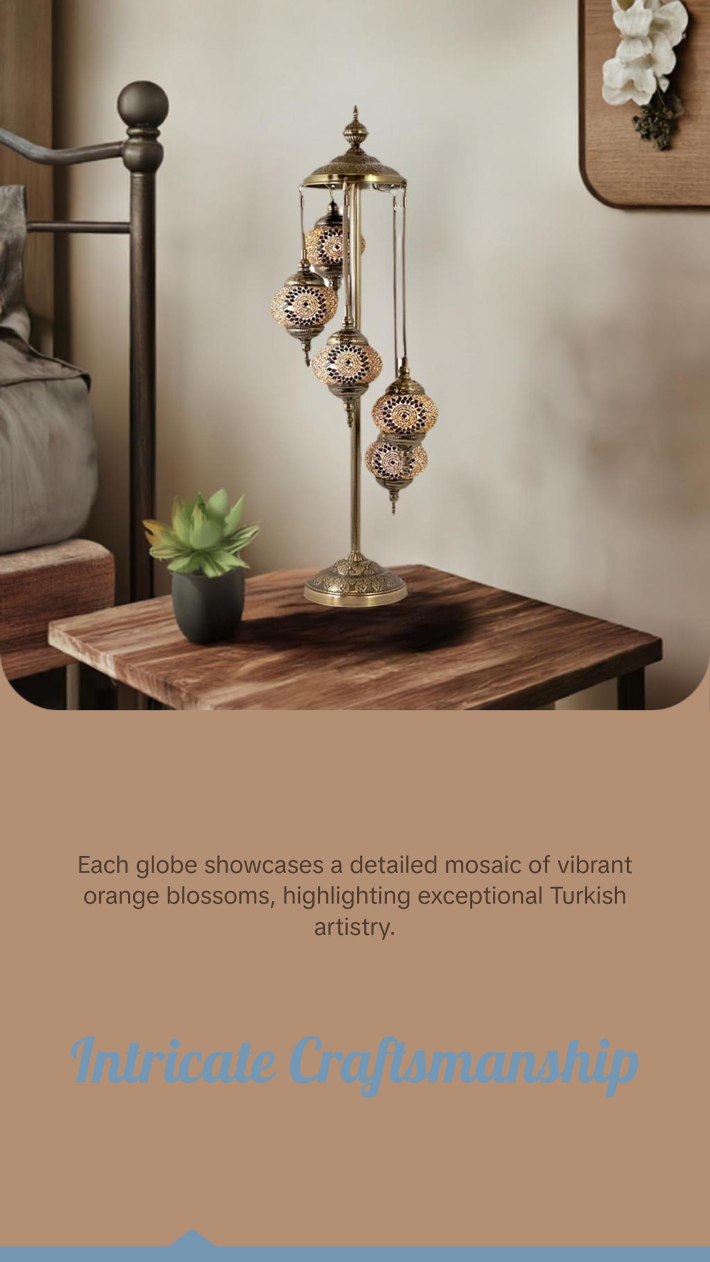 Vibrant Orange Blossom Handmade Turkish Lamp with Quintuple Globes