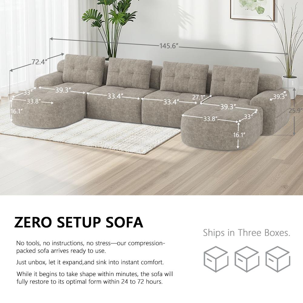 [Summervibes - 3 PKGS] 145'' U-Shaped Modular Sectional Boneless Sofa Couch Full-Foam Structure Compression Packaging Woven Texture Upholstery Oversized Modern Living Room Couch for 4+ Years of Comfort, Gifts for the Whole Family: Husband&Wife, Mom & Dad