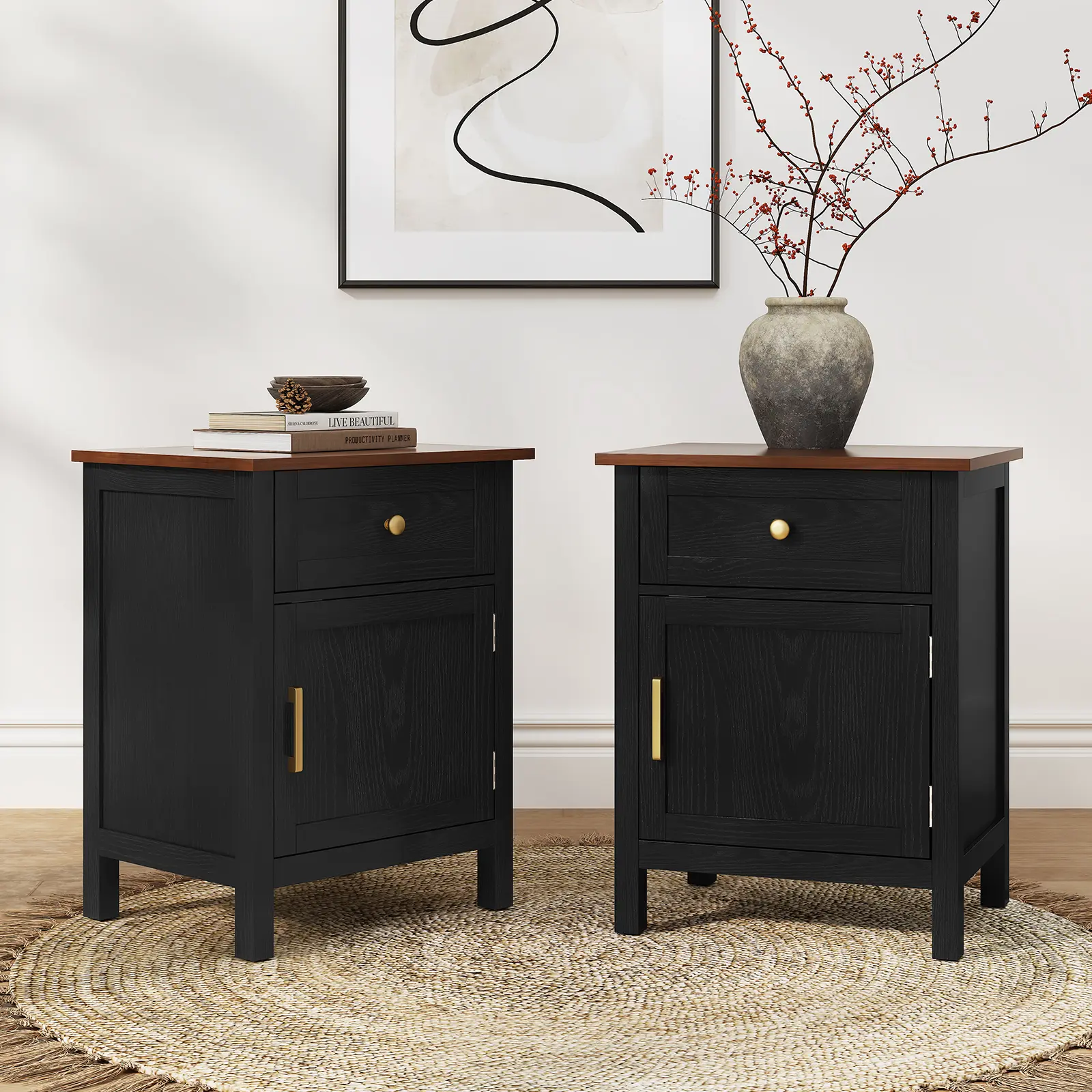 【summerwins】Shark Modern Nightstand with Spacious Drawer & Cabinet, Stylish Black Design, Easy to Assemble, Sturdy MDF Frame, Ample Storage, Ideal for Bedroom, Living Room & Entryway, Easy-Clean Surface, Magnetic Door Closure