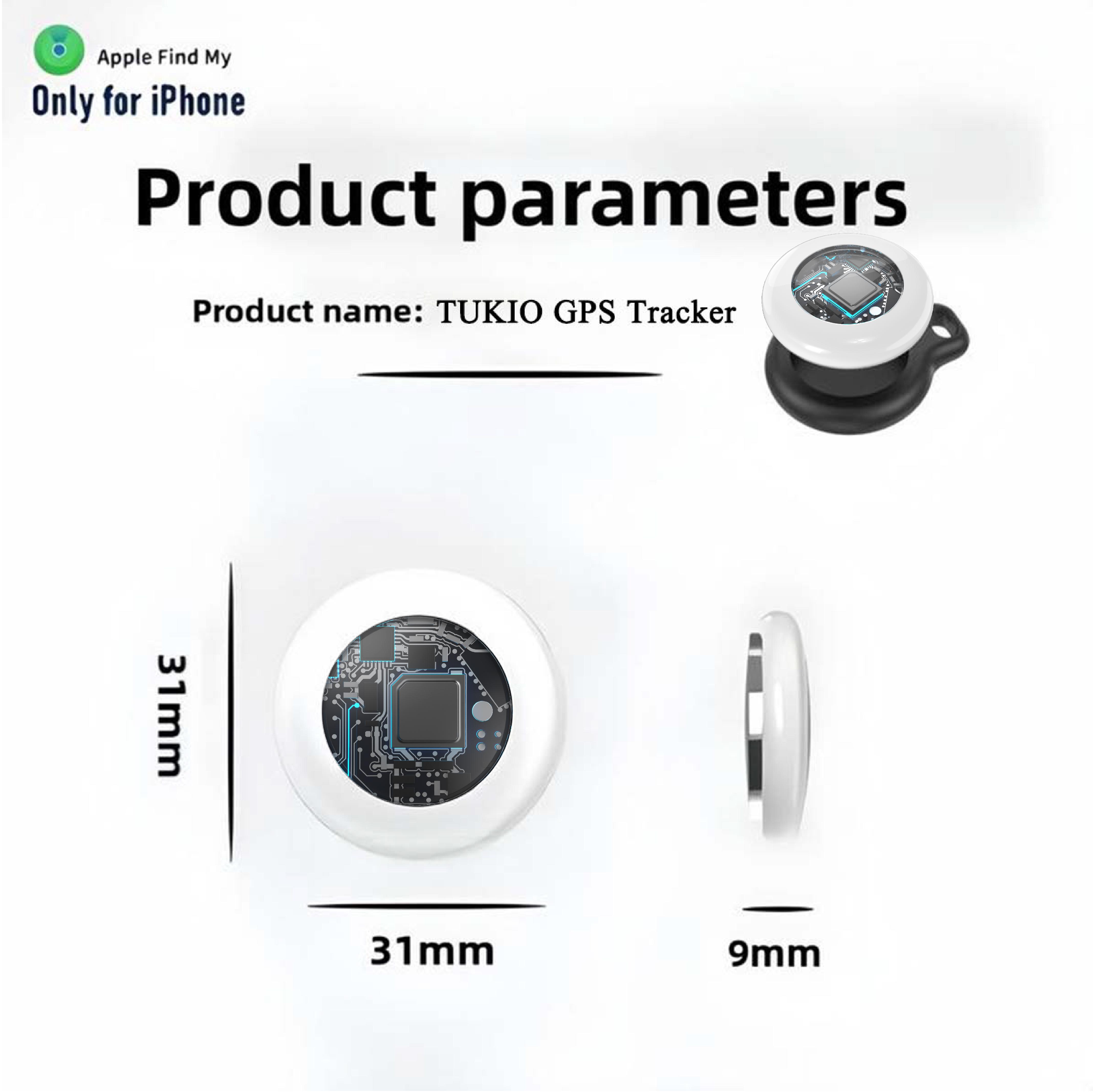 [Spring Deals] Tukio GPS Tracker(iOS Only) for Cars & Pets - Mini Clear Design, Weatherproof Case, Anti-Lost Device, Works with Apple Find My iOS Only, IP67 Waterproof, Replaceable Battery Protection