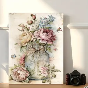 1 Piece Framed Floral Canvas Wall Art - Country Style "Bottle Flowers" Painting for Living Room Bedroom Kitchen Office Cafe Hotel Country Home Decor Holiday Gift, Wall Decoration Painting Decorative Poster