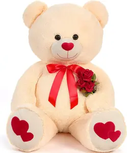 Giant Teddy Bear Stuffed Animal 4ft - Big Teddy Bear with Love Red Heart - Large Stuffed Bear Plush Toys for Kid Christmas Birthday - Valentines Bear Gift for Girlfriend, Cream