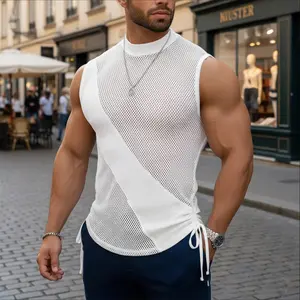 INCERUN Men's Summer Mesh Patchwork Diagonal Panel Tank Top, Sporty Muscle Fit with Drawstring Ruched Design