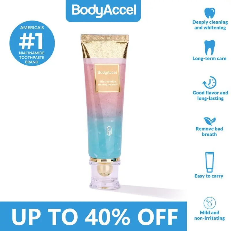 BodyAccel Toothpaste's newest fast-actingwhitening formula -derived from natural peachextract -niacinamide MAX Oral