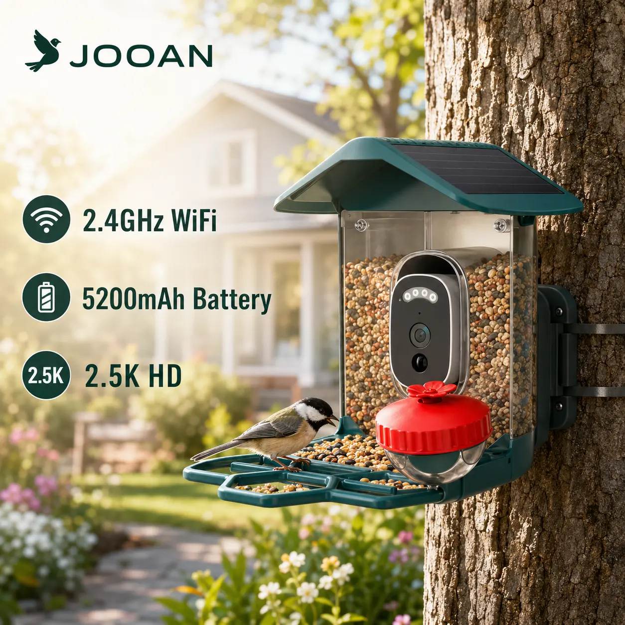 JOOAN Feeder Camera with AI  Recognition 2.5K HD 120° Wide Angle Smart Alerts 2-Way Audio TF/Cloud Storage  & Battery Powered Easy Installation Solar outdoorfun bird