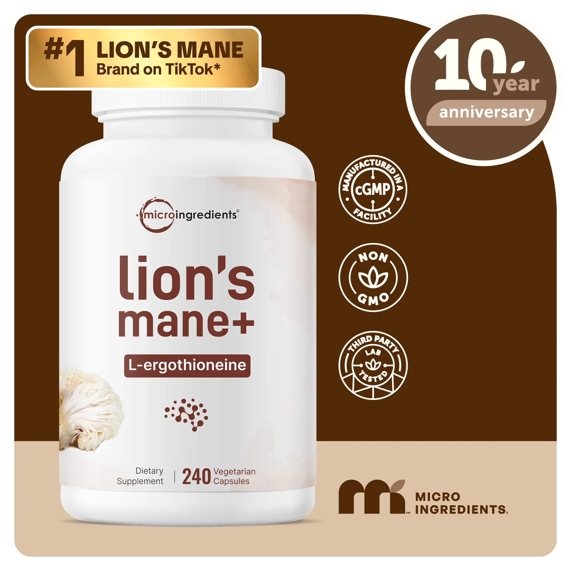 Micro Ingredients Lions Mane with L-Ergothioneine | 240 Vegan Capsules, 8,400 mg Herbal Equivalent,  Ultra Strength Lions Mane Supplement