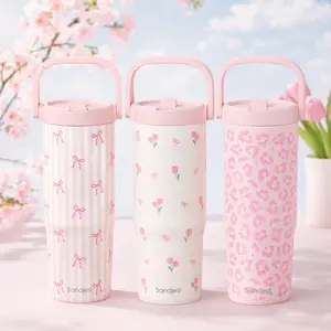 SANDJEST 30oz Insulated Tumbler with Straw Lid & Carry Handle, Leak Proof Stainless Steel, Cupholder Friendly, Travel Outdoor Spring Mother's Day Gift