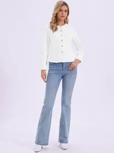 INSPIRE CHIC Denim Jacket for Women Peplum Hem Button Down Collarless Jean Jackets