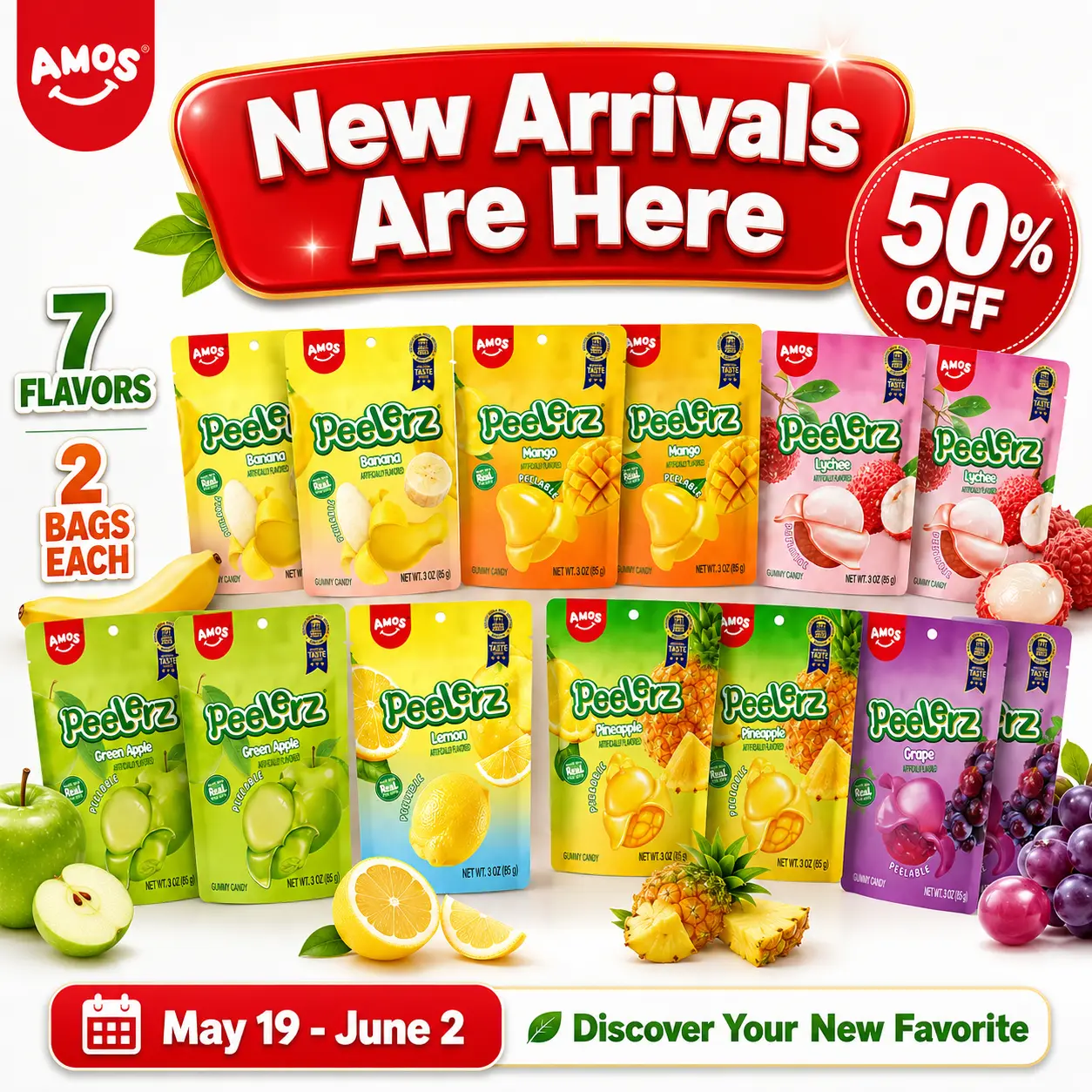 AMOS Peelerz Gummy Candy Variety Pack, 7 Fruity Flavors, Peelable Gummies, Banana Mango Lychee Apple Lemon Pineapple Grape, 14 Bags