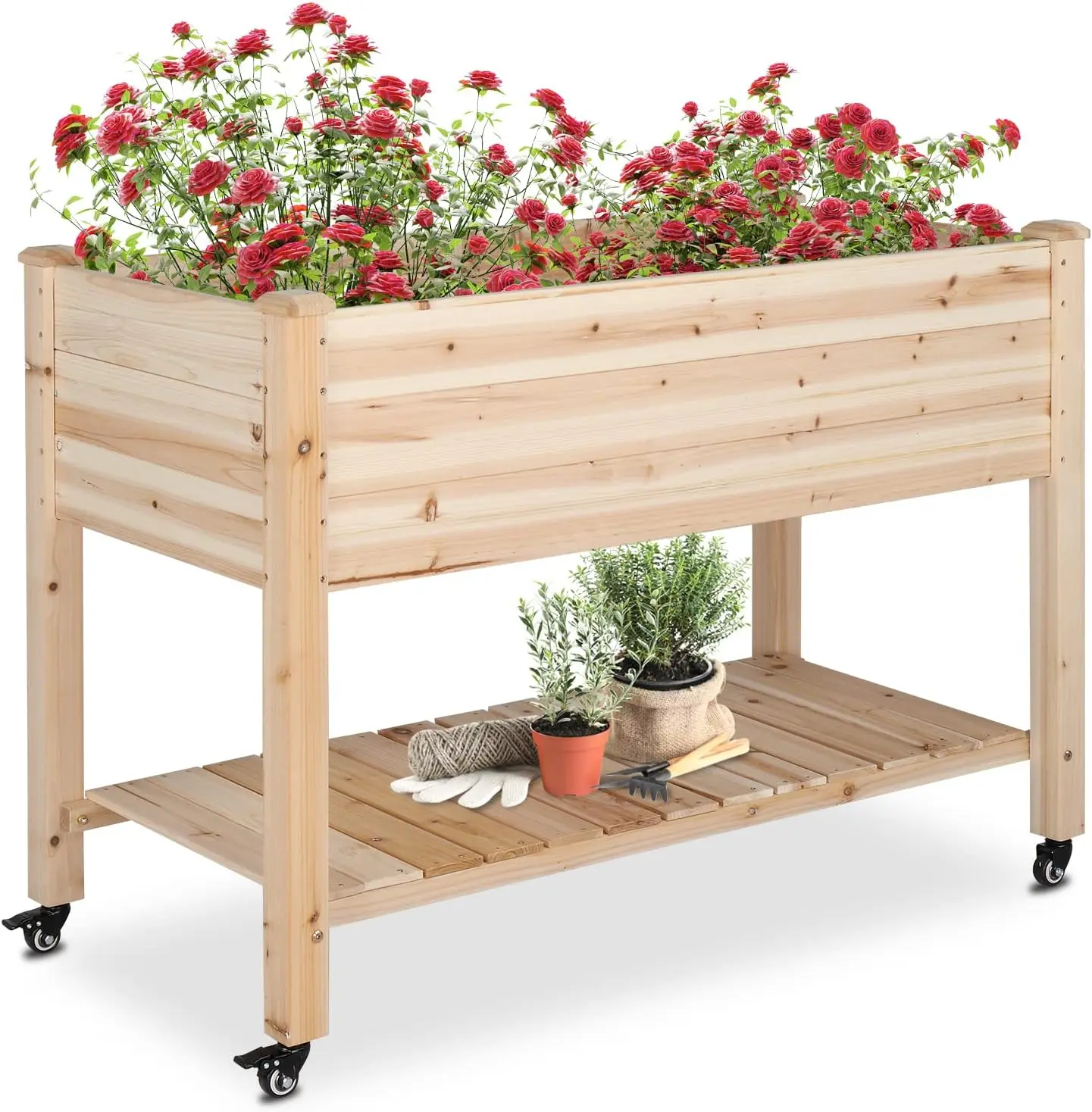 VINGLI Heavy Duty Rustic Wooden Elevated Garden Bed Kit with Legs, Wheels, Bed Liner - Outdoor Planters for Vegetables, Flowers, Outdoor Sturdy Long-Lasting Raised Planter Box, Rustic Wooden Planter