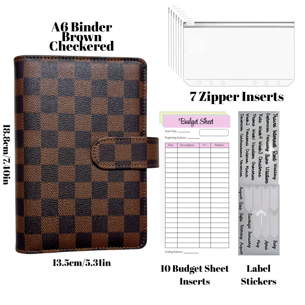 A6 Brown Black White Checkered Budget Binder Savings Cash Leather Wallet Planner Organizer With Zipper Envelopes & Budget Sheets