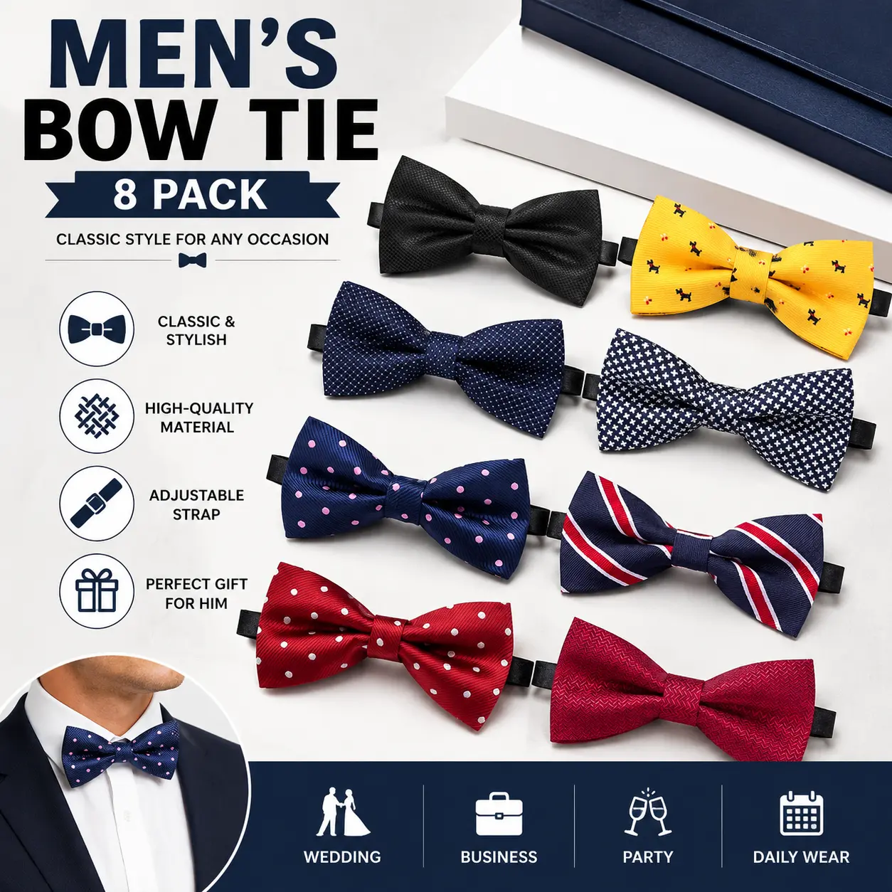 8 Pack Pre-Tied Bow Ties for Men & Boys - Adjustable Elegant Neckties Set for Weddings & Formal Events Tie Design