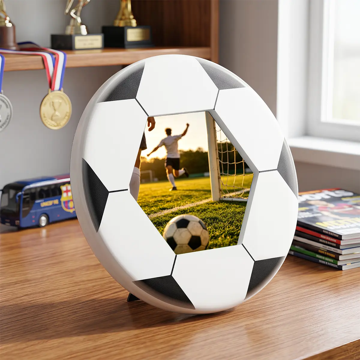 BOSCODEER Multi-Size Ball Shape Sports Photo Frame with Glass Front, Slotted Hold for 4x4/4x6/6x8 Photos, Decor for Bedroom/Game Room, Gift for Sports Fans