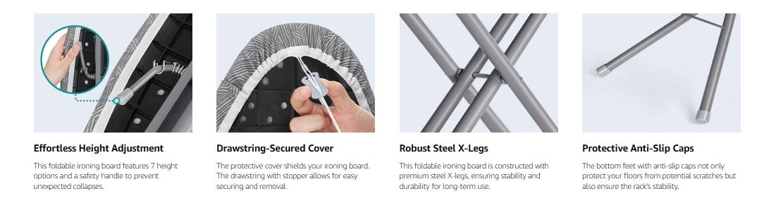 SONGMICS HOME Foldable Ironing Board, Height Adjustable up to 35 Inches, with 4 Layered Cover and Pad, Iron Rest, Hook, Steel X-Legs