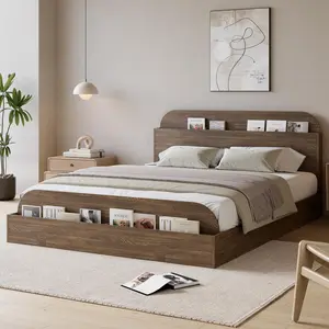 Full Size Bed Frame with Storage Headboard and Raised Footboard – Wooden Full-Floor Low Platform Bed for Bedroom, No Box Spring Needed, Walnut