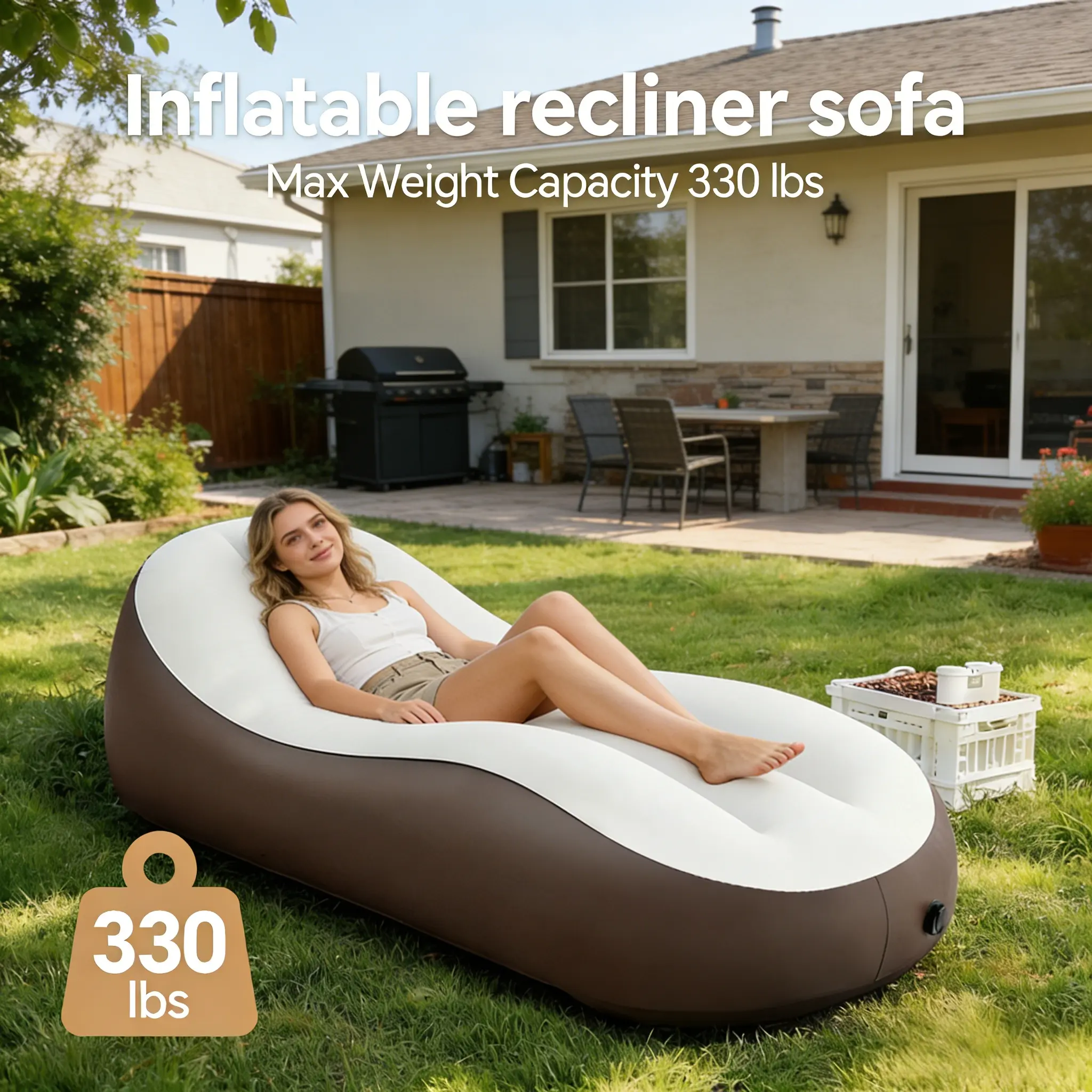 Portable Inflatable Couch, Without pump,Flocked Air Sofa Chair with Ergonomic Backrest, Comfortable Blow Up Lounge Chair for Indoor & Outdoor, Camping, Living Room, Balcony, Patio, Travel