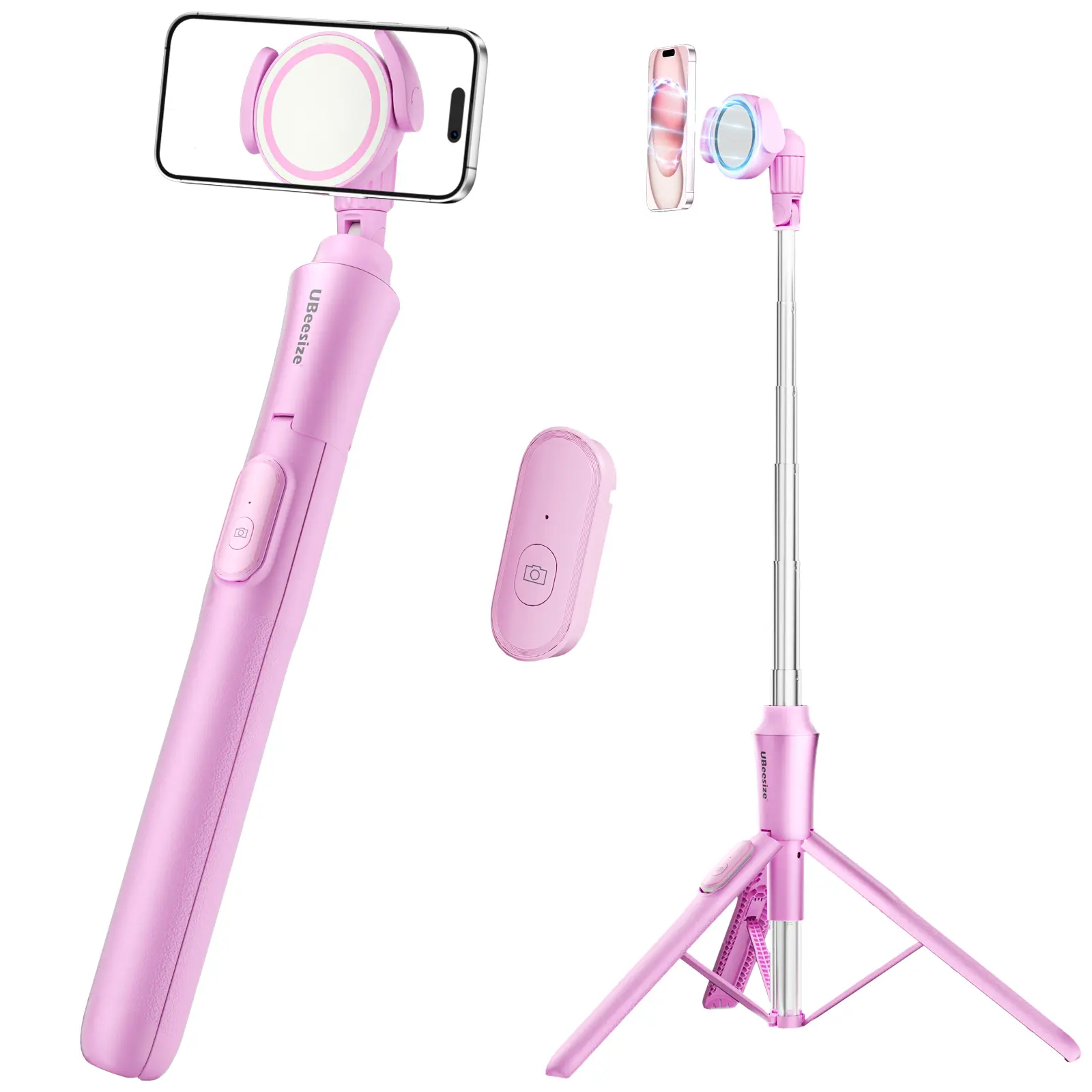 UBeesize 62'' Magnetic Tripod with Remote - Compact Aluminum Silicone Clip Smartphone/Cellphone Stand, MagSafe Selfie Stick for iPhone & Android, Vlogging Kit with Mount, Rotation Ring, Mobile