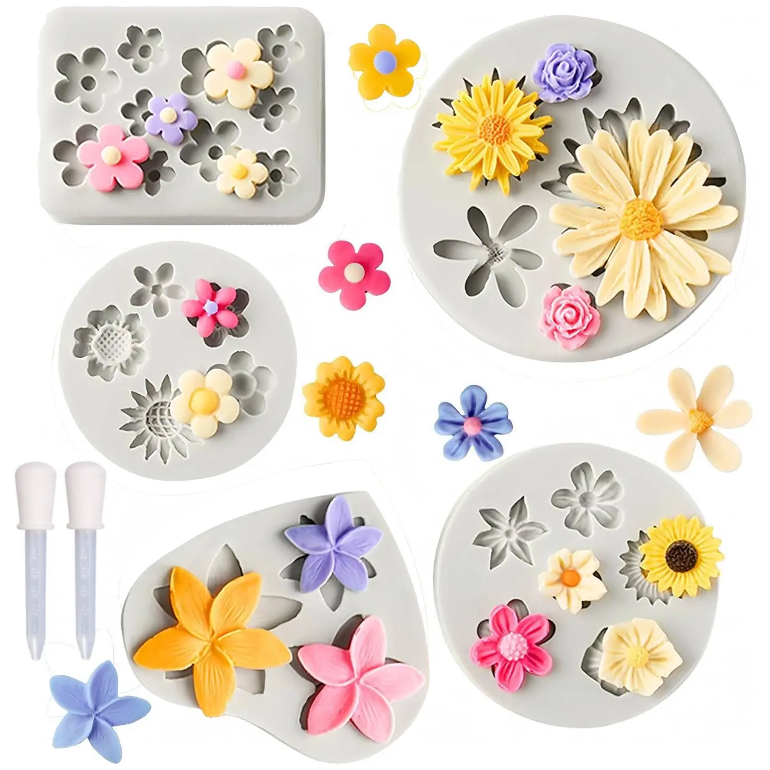 5 Packs Silicone Flower Molds with 2Pcs Dropper Kit, Non-Stick Sunflower Fondant Chocolate Molds for Dessert Cake Decorating, Cupcake Topper, Cake Pop, Candy