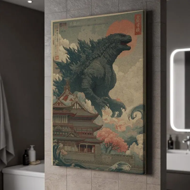 Godzilla Vintage  Art, Japanese Monster Illustration with Pagoda and Clouds, Retro Style Wall Decor