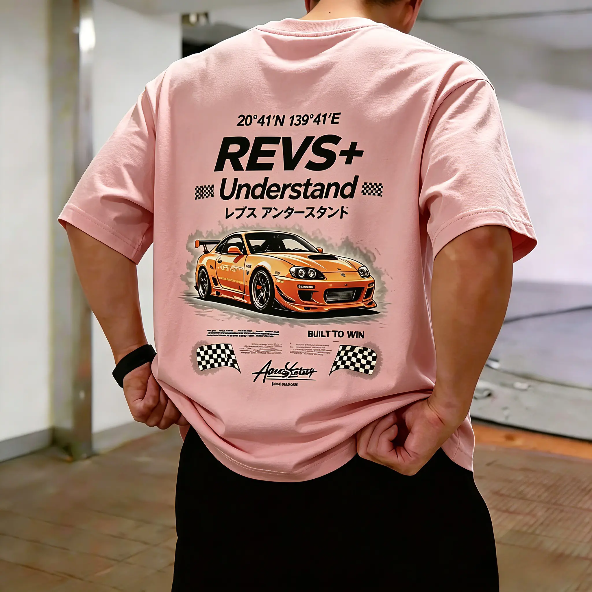 Unisex Light Pink Cotton Crew Neck T-Shirt, JDM Supra Sports Car Checkered Racing Flag REVS Understand Japanese Text Large Back Print Graphic Tee, Auto Racing Streetwear Top Gift For JDM Car Lovers
