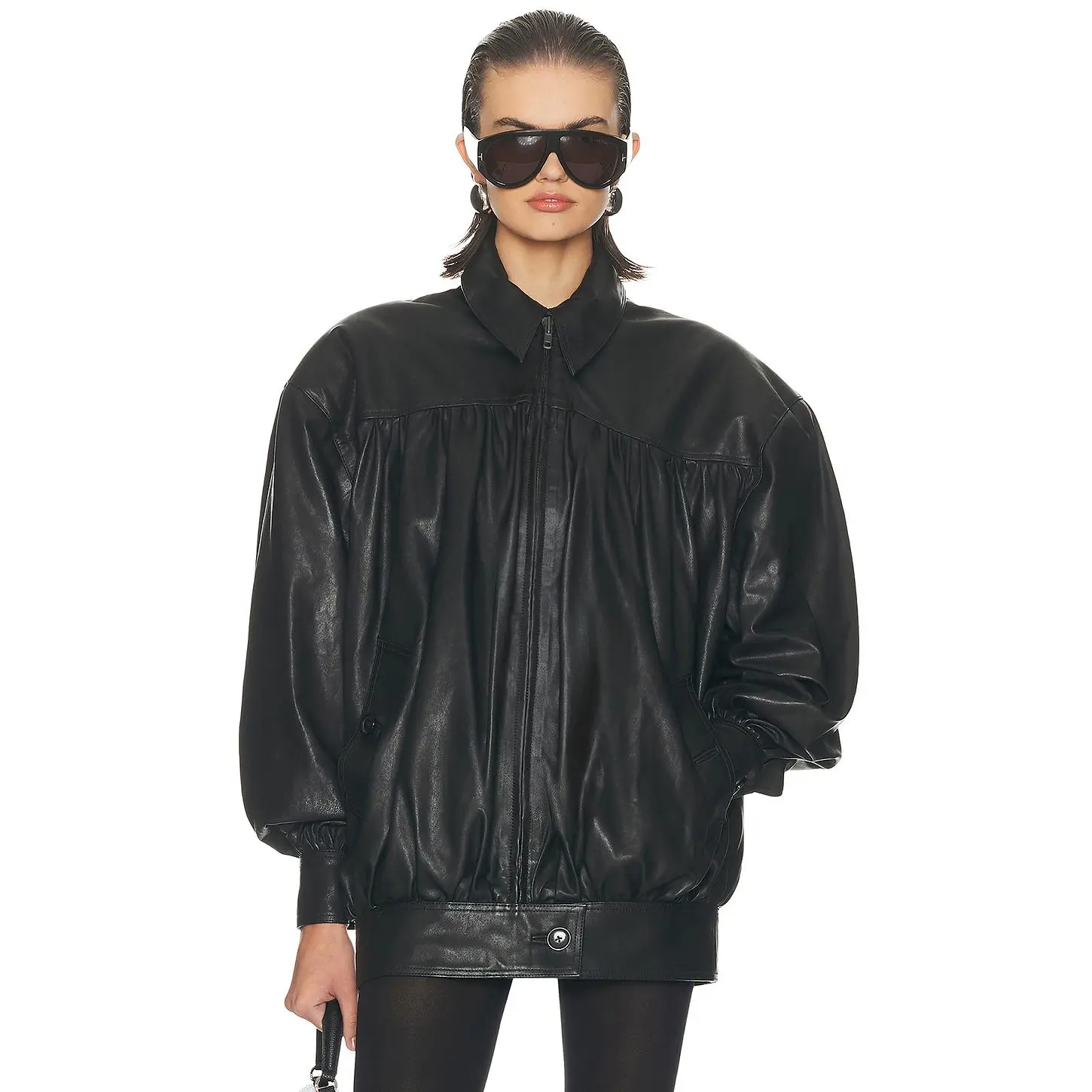 Helsa The Shirred Oversized Leather Jacket in Black