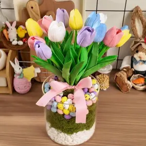 15Pcs Artificial Tulips with Some Mini Foam Eggs for Arrangement Home Party Fake Tulips Flowers Spring Summer Realistic Garden Office Decorations Tablescape Vase Fillers Centerpieces Brunch Table Decors