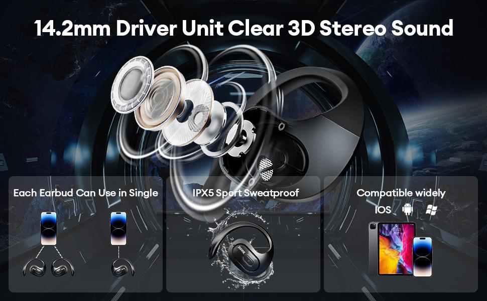 Transformers Open Ear Headphones Wireless Bluetooth 5.4, Open Ear Earbuds IPX5 Waterproof Noise Cancelling Running Sport Wireless Bluetooth Earbuds with Mic and Earhooks for Android/iOS Black