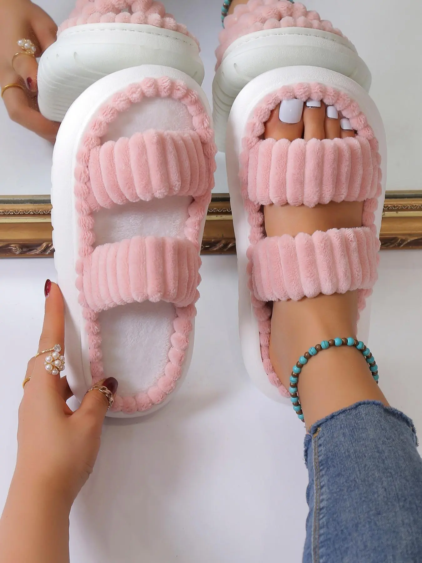 Minimalist Fluffy Home Slippers, House Slippers, Open Toe Bedroom Sandals for Gifts, Casual Soft Platform Pink Cozy Bedroom Slippers, Fuzzy Warm Slippers for Women 2025, Walking Shoes, Footwear, Flatform, Cute Soft Slippers
