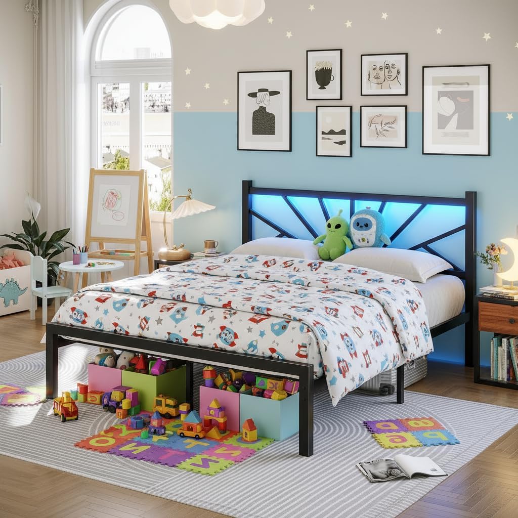 【880 lbs Capacity】Queen Size Metal Bed Frame with LED Lights,Sturdy Bed Frame with Headboard, NO MATTRESS Include,Under Bed Storage Space & Strong Metal Slats, Strong Metal Slats Support,Noise-Free, Easy Assembly,Black