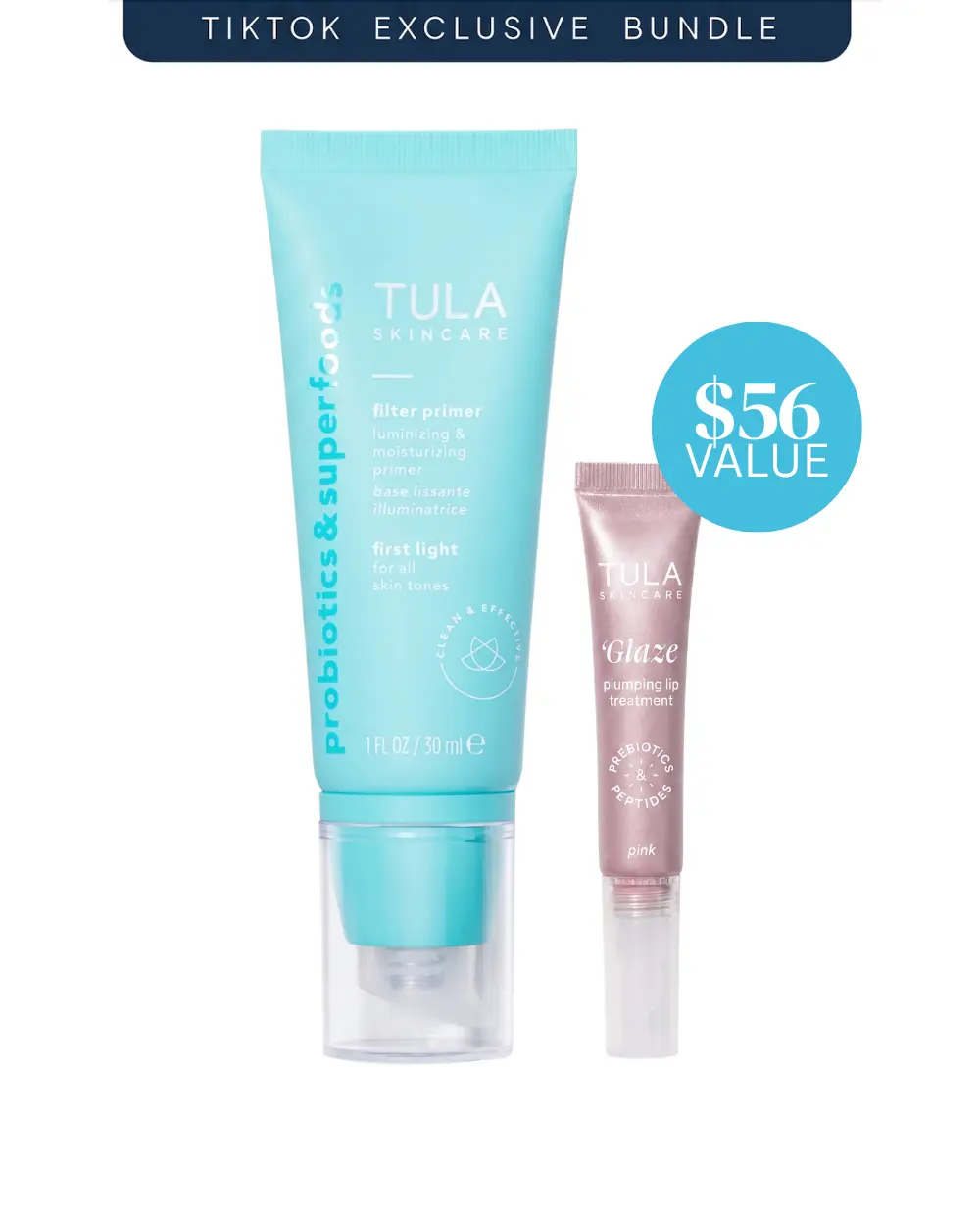 TULA TTS Exclusive Primer + Plump Bundle: Filter Primer (Untinted) & Pink 'Glaze Lip Treatment