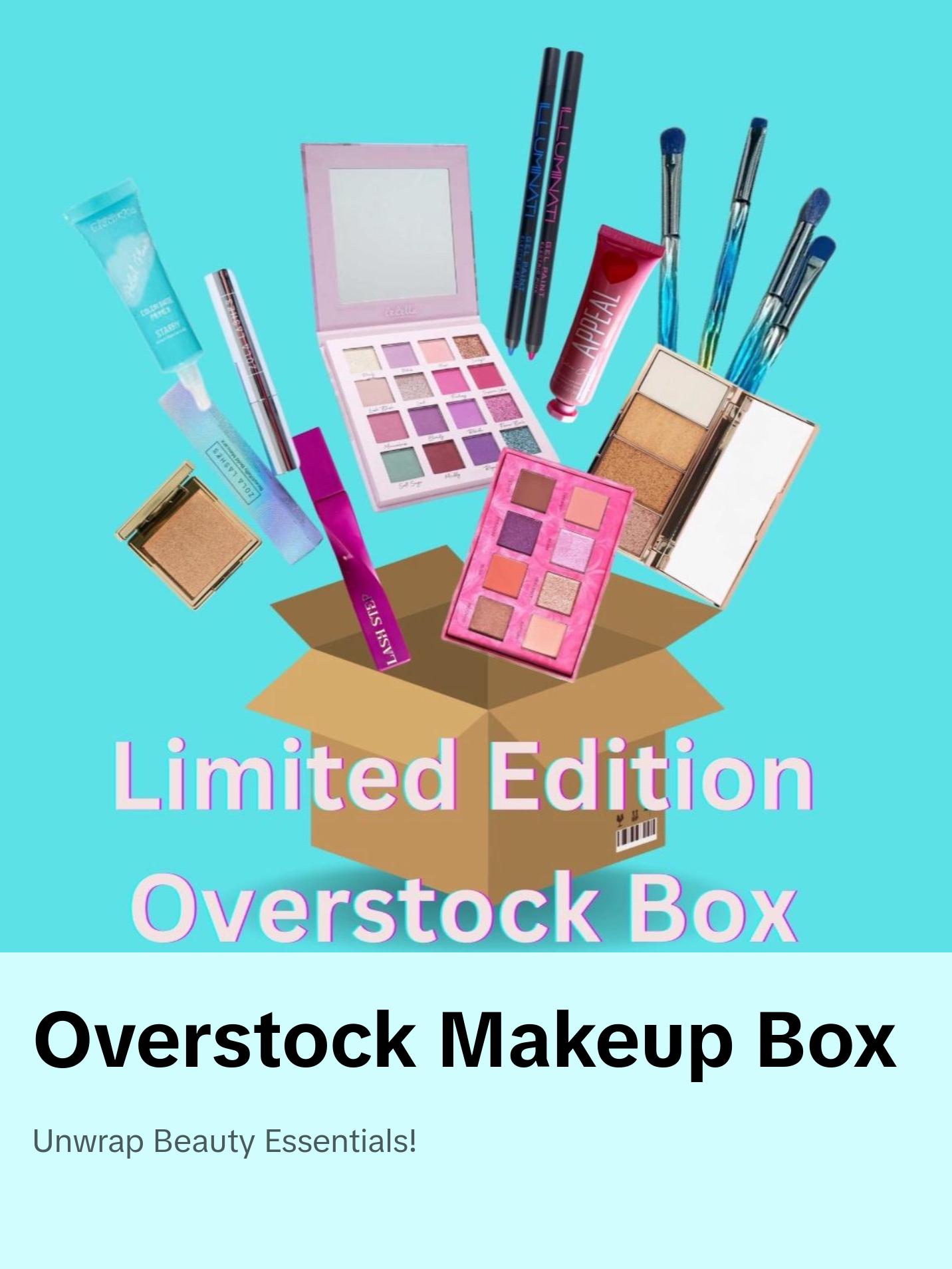 Limited Edition Overstock Box - Includes either 9 or 17 Makeup Essentials: Eyeshadow Palettes, Lip Gloss, Blush, Liner, Brow Products, Mascara, Setting Spray & More Ships from California