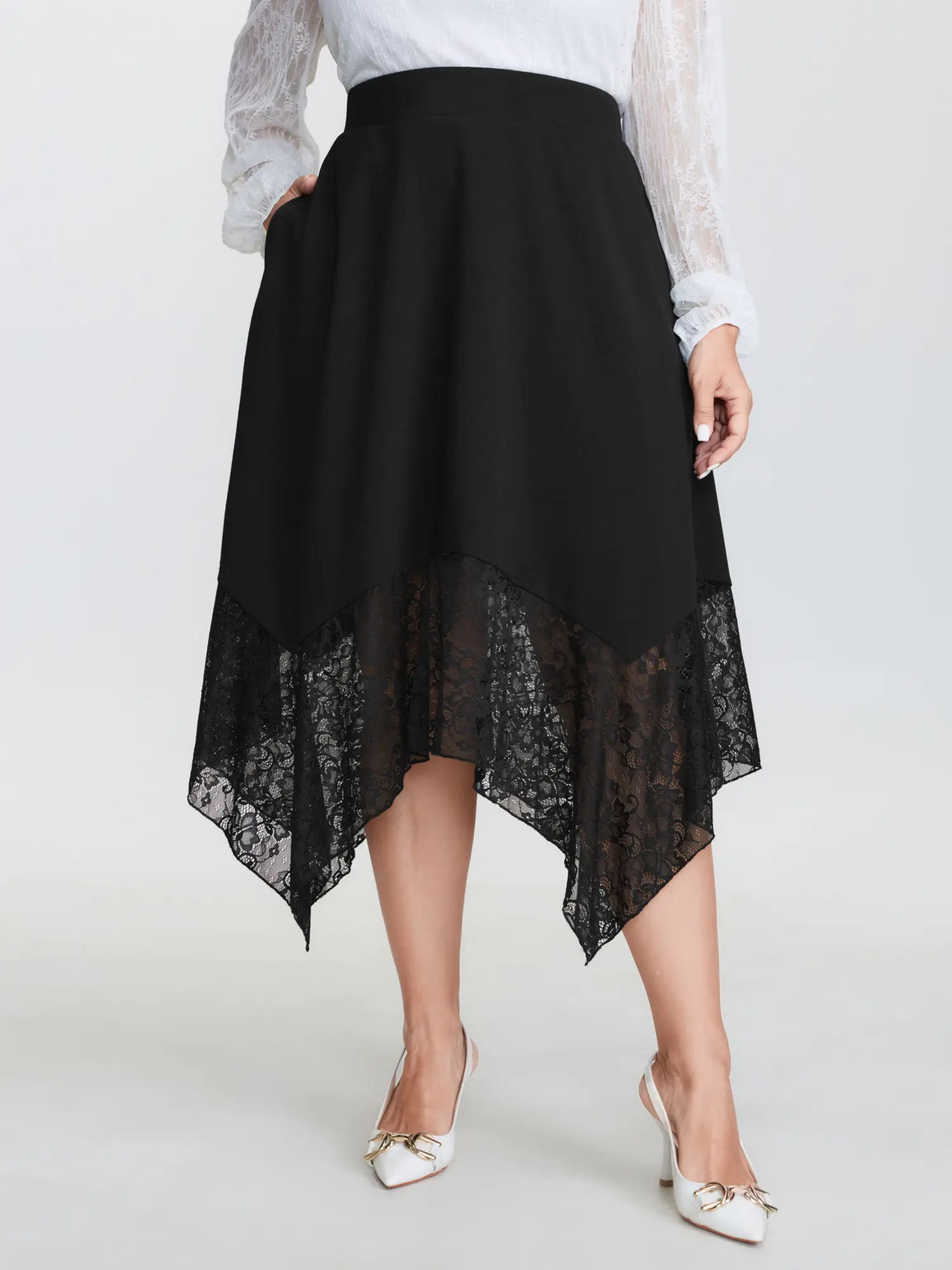 Romantic Nylon Lace Midi Skirt for Women, Plus Size Sheer Patchwork Bottom with Asymmetrical Handkerchief Hem and Pockets, Spandex, Fabric, Garment