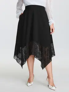 【Pocket Approved】Women's Plus Size Sheer Lace Handkerchief Hem Midi Skirt [M-6X] - 2026 Summer Spandex Patchwork Fabric Garment with Flattering Fit, Swimweek Spotlight Deals