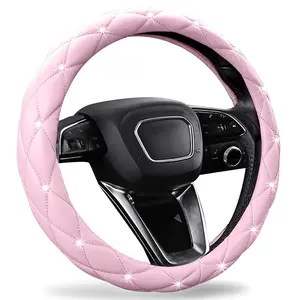 Arespark Diamond Soft Light Pink Leather Anti-Slip Steering Wheel Cover with Bling Bling Crystal Rhinestones, Universal 15 Inch for Women Girls, Fit Vehicles, Sedans, SUVs, Vans, Trucks