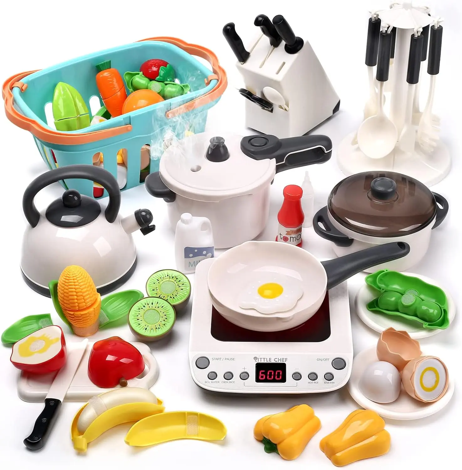 Cute Stone Kids Miniature Cooking Set Multi-Activity Playset - ABS Plastic Pretend Kitchen Toy with Cookware, Pressure Cooker, Frying Pan, Electronic Induction Cooktop, Utensils, Cutting Food Fruits Vegetables, Ideal Gift for 6-8 Years Old Kids Toys