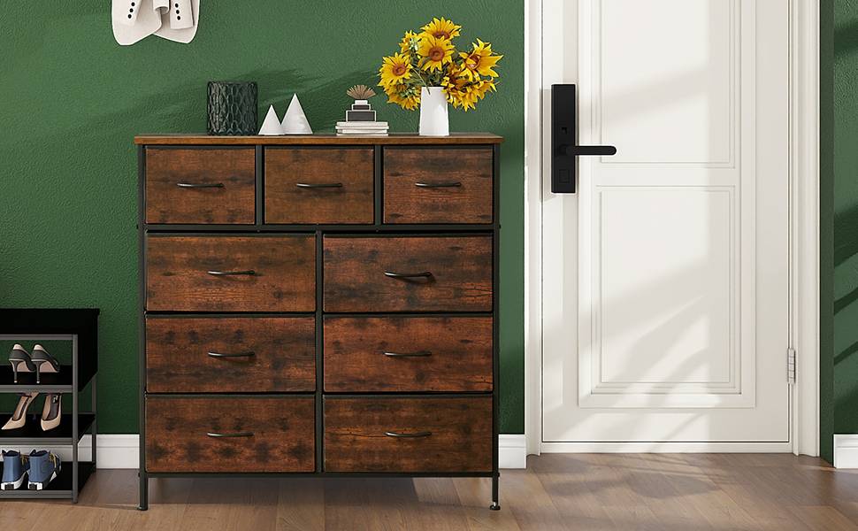 [Summer Deal] 9-Drawer Dresser, Storage Unit Organizer Chest for Clothes, Tall Dresser & Chest for Bedroom, Hallway, Living Room, Wood Top Cabinets Organizing