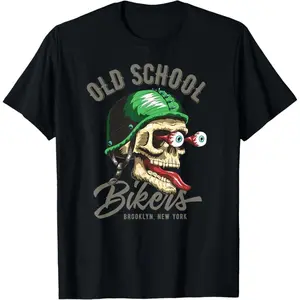 Motorcycle biker skull in retro style T-Shirt 100% Cotton