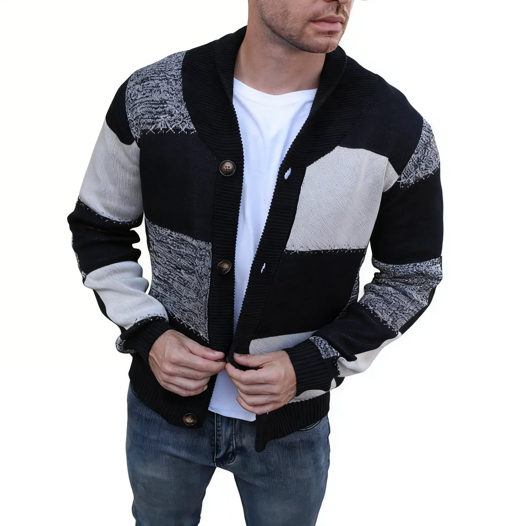 Men's Patchwork Cardigan Tops, Casual Chic Menswear Knitwear with a Shawl Collar and Button-Front Closure, Breathable