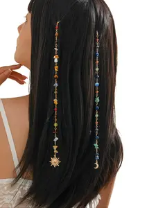 Boho Natural Crystal Bead Hair Tassel Clips Dangle Butterfly Moon Sun Charm Hair Rings Multicolor Irregular Stone Braided Hair Accessories Hippie Festival Party Dreadlock Hair Pendants for Women Girls