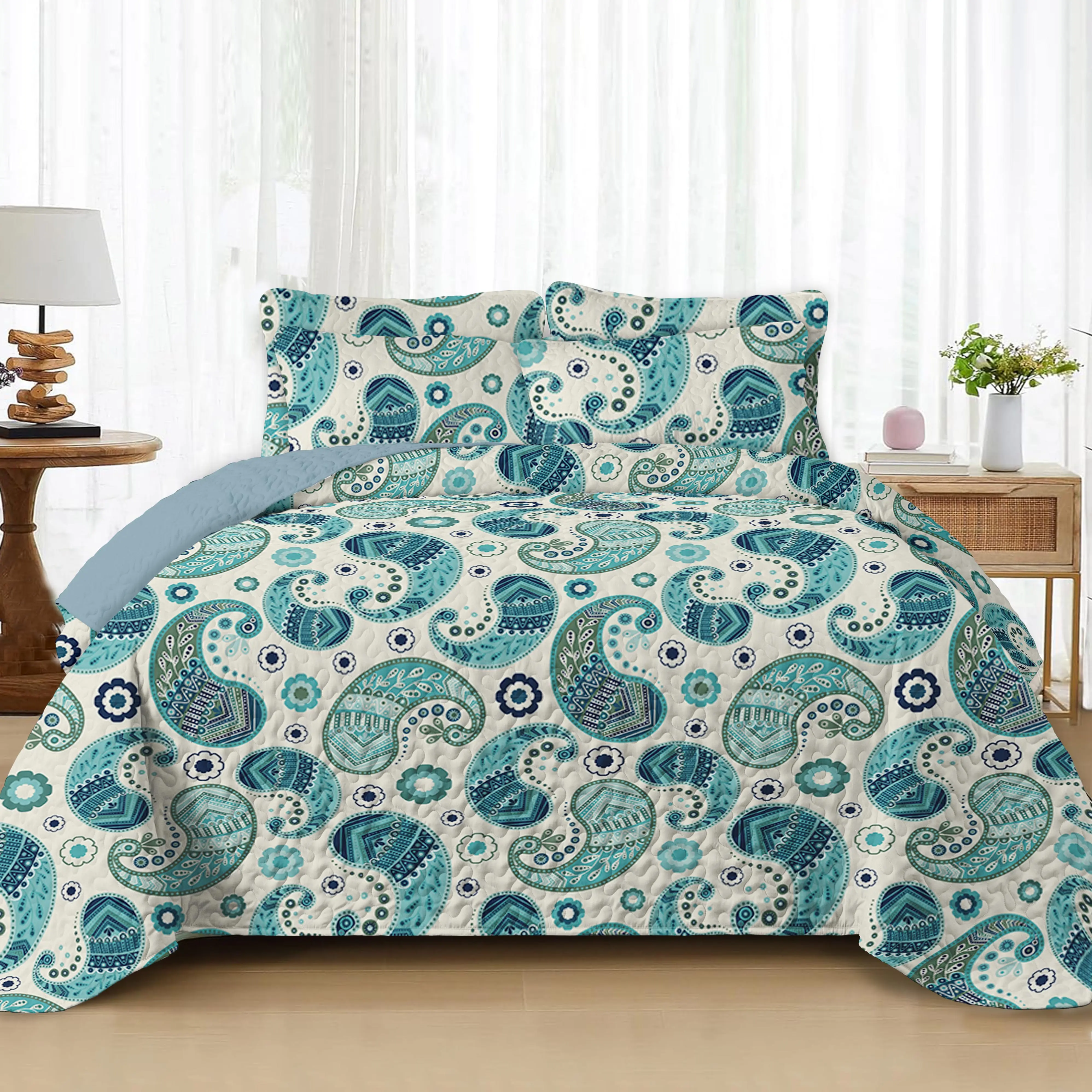 3-Piece Blue Paisley Quilt Set Queen Size, 90" x 90" Boho Printed Bedspread with 2 Standard Pillow Shams, Teal Floral Coverlet for Bedroom Decor