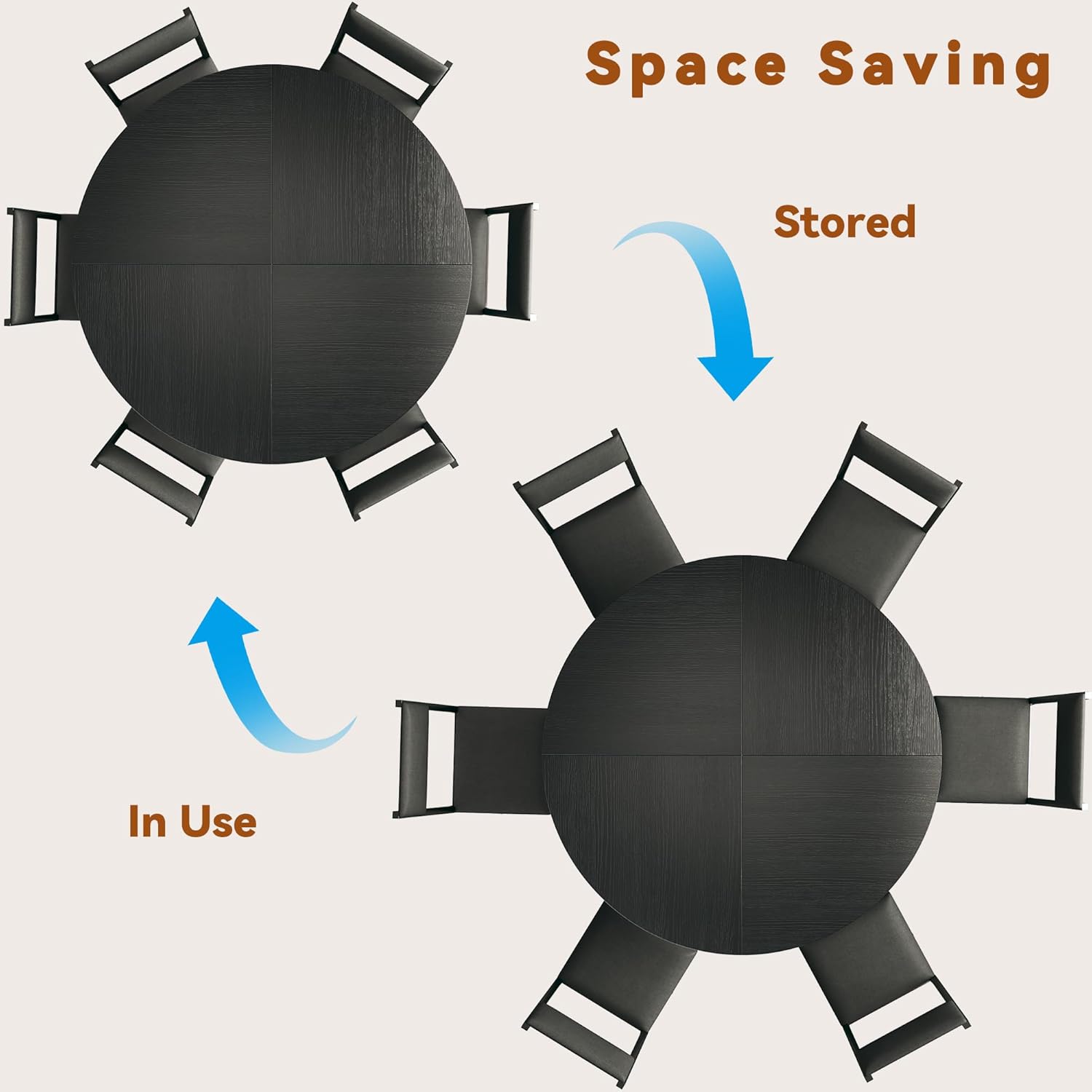 Round Dining Table Set for 6, 7-Piece Kitchen Table and Chairs for 6, 47'' Round Dining Room Table Set with 6 Chairs, Space Saving Dining Table with Wood Base for Kitchen, Living Room, Black