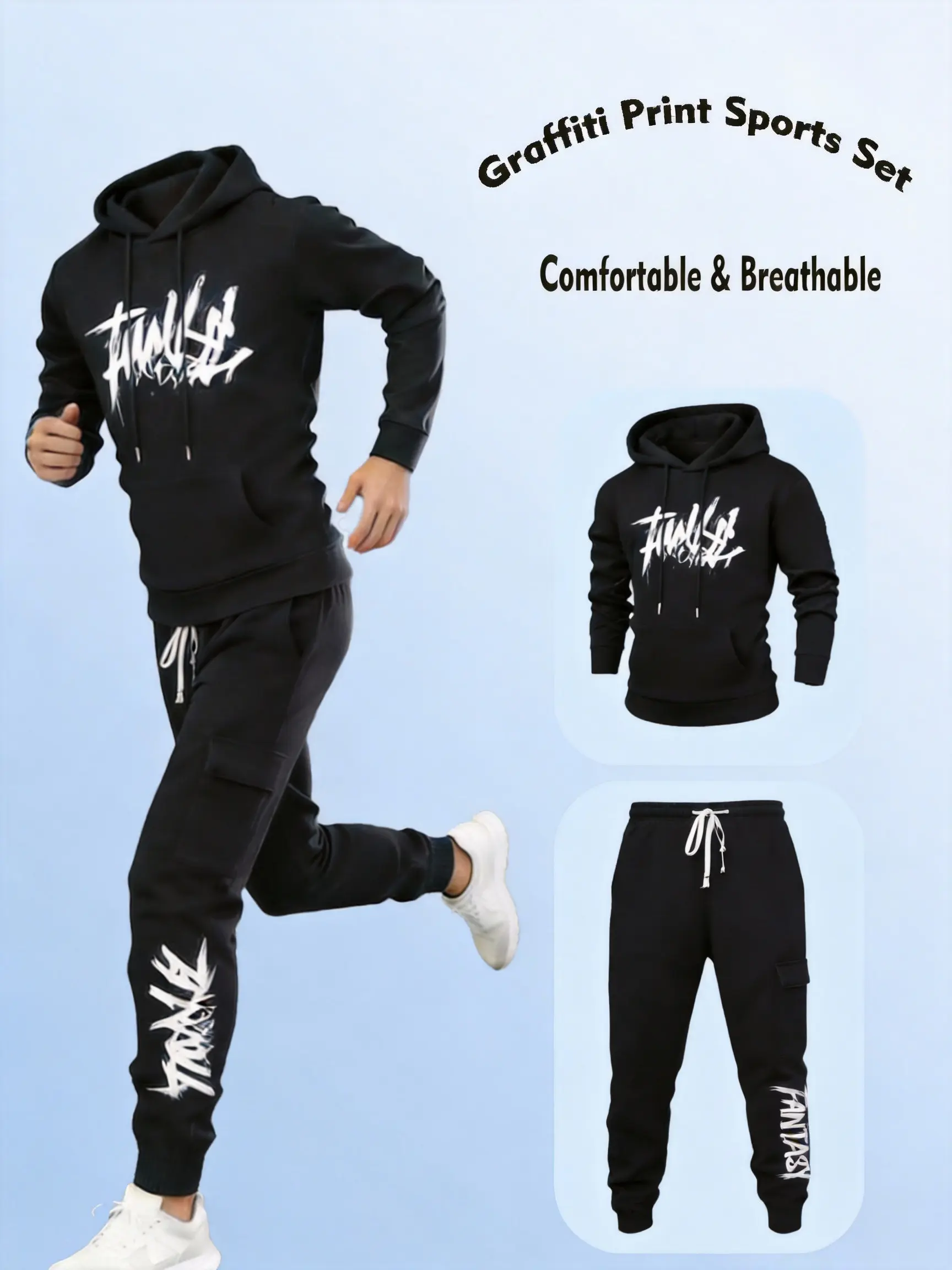 Men's Vintage Loungewear Set, Casual Long Sleeve Clothes with Hooded Pullover and Printed Jogger Pants, Menswear, Athletic Wear