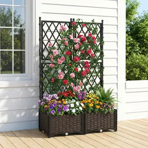Spaco Raised garden bed with lattice trellis, self‑watering and drainage, elevated vertical planter, black weather‑resistant box for vegetables, herbs, flowers and climbing plants